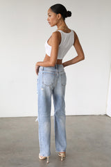 DOGMA High Rise Straight Leg Denim Jeans Distressed Light Wash