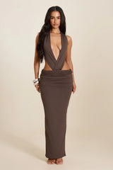 The Stella Halterneck Maxi Dress in Brown