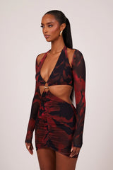 The Ring detail Plunge Shrug Mini in Red Print