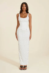 The Sandra Scoop Corset Maxi Dress in Polka Dot