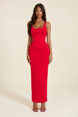The Sandra Scoop Corset Maxi Dress in Bright Red