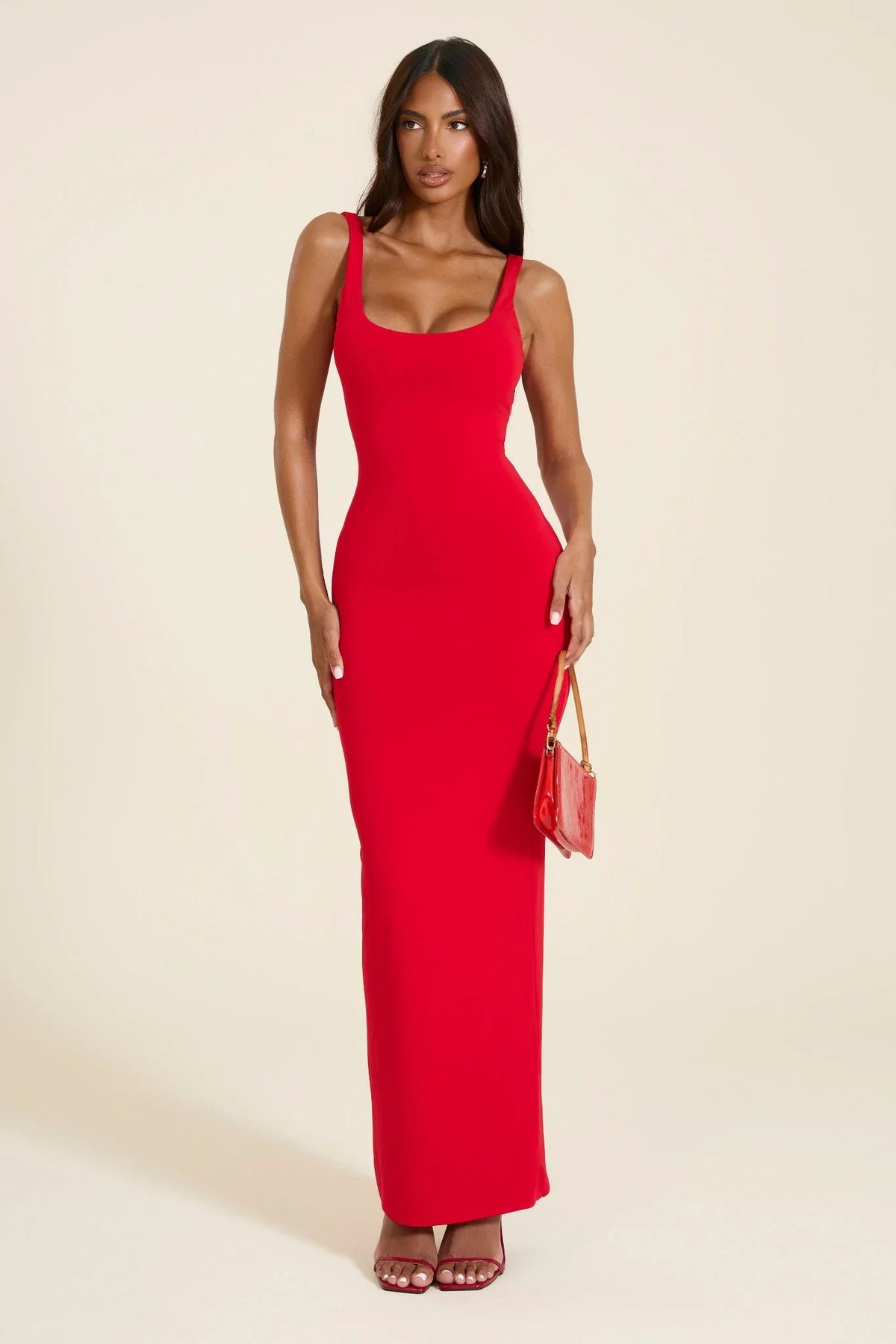 The Sandra Scoop Corset Maxi Dress in Bright Red