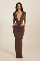 The Tori Ruched Maxi Dress in Brown