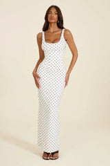The Sandra Scoop Corset Maxi Dress in Polka Dot